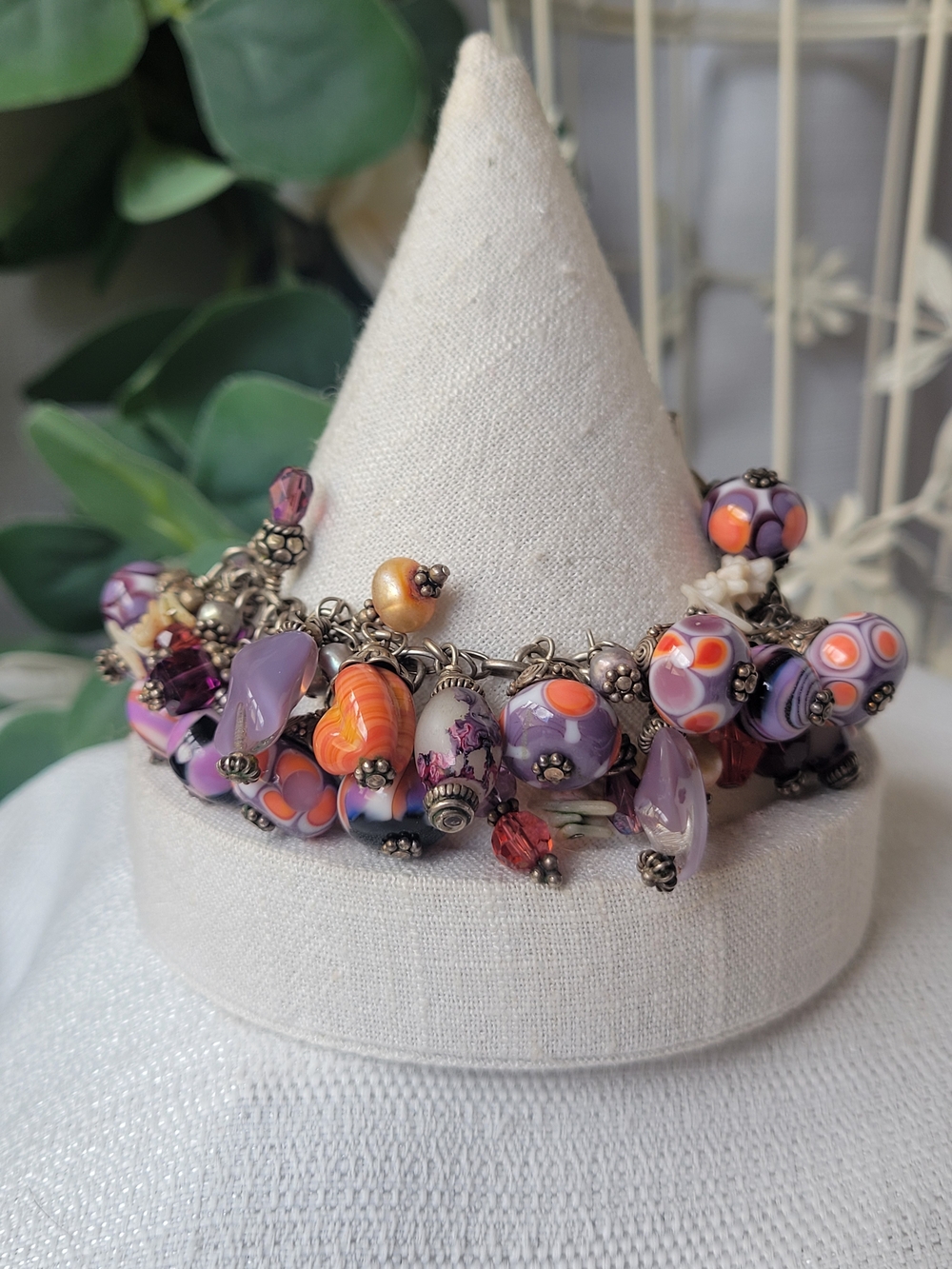Handcrafted Purple & Orange Beaded Charm Bracelet